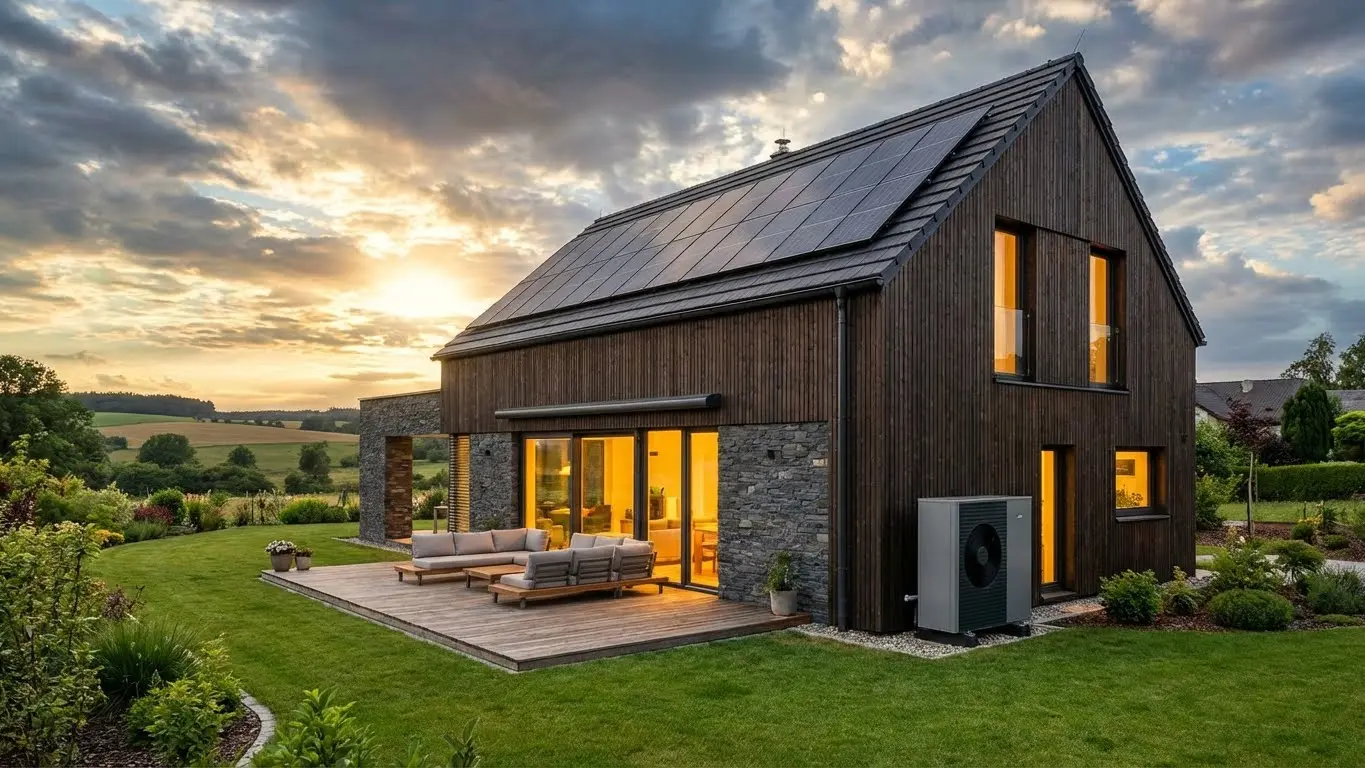 Nowoczesny dom z panelami fotowoltaicznymi i pompą ciepła